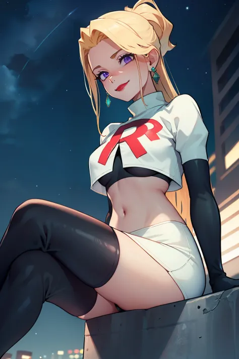  ffscarlet, blonde hair,purple eyes,lipstick, earrings ,team rocket, team rocket uniform, red letter R, white skirt, white crop top, black thigh-high boots, black elbow gloves, evil smile, looking down on viewer, sitting down ,legs crossed, night sky backg...