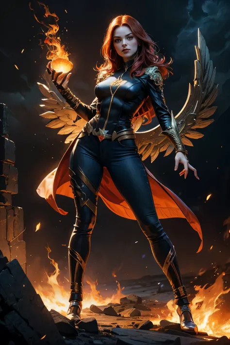 (((full body view))), full Open image, High Relief Trompe Loeil ((Draw in a Pulp Fantasy artstyle)) (((Jean Grey fenix))) on fire, hair like flames burning red hot, Atompunk, highly detailed and intricate, golden ratio, Simultaneous vibrant triadic color c...