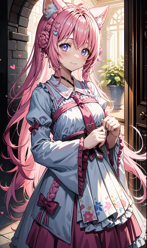 , decorated with ribbons and hearts , Light pink hair band, Red clip. she的头发颜色是浅色的..、Its getting long ., Ponytailed,Decorated with a dark pink ribbon and red hearts . she got gold heart earrings. she、White ruffle trim、 she is wearing a pale pink ruffle d...
