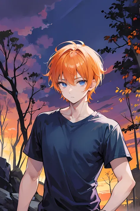 Young man, orange short hair, blue eyes, modern style, casual clothes, handsome man, slang, cool boy, dark forest background, purple sky, an attack