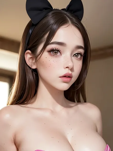 Beautiful girl; (Brown hair, with a nice bow); (honey colored eyes, pretty eyes, big eyelashes and thin cute eyebrows, full lips, Cupid and Heart shaped lips, pink and pretty lips); (pale white skin with pink tones; freckles and moles all over the body); (...