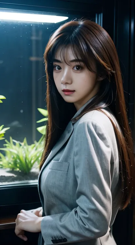 masterpiece, top quality , Photorealistic, ultra detail, fine detail , high res, 8k wallpaper, one beautiful woman inside the aquarium building , Wear casual business attire, at a great restaurant, At night, Light brown disheveled hair , perfect d...