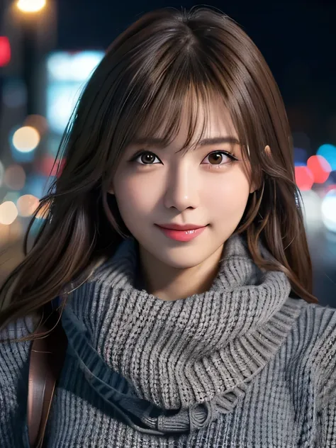 1 japanese girl,(Dark grey sweater:1.4),(she wears a knitted scarf around her neck.:1.2), (Raw photo, Best Quality), (Realistic, Photorealsitic:1.4), masutepiece, extremely delicate and beautiful, Extremely detailed, 8k wallpaper, amazing, finely detail, e...