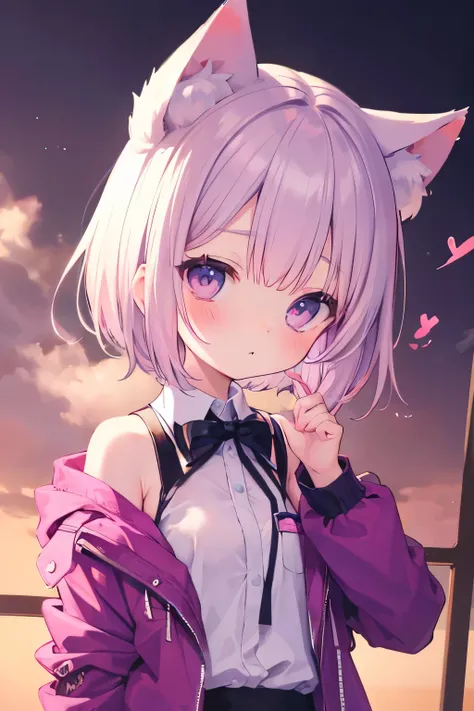 nsfw、  transparent pink short hair、  oversized jacket   、  wear a collar  、     Im looking for an elementary school girl 、  small breasts、So beautiful、輝く瞳 、cat ears、((((( )))))、heart❤