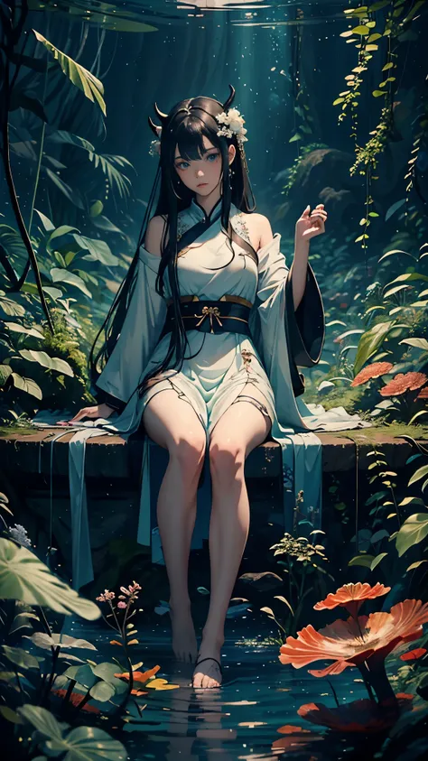 masterpiece, best quality, good quality, very aesthetic, absurdres, newest, 1girl, solo, long_hair, blue_eyes, black_hair, delicate hanfu, closed_mouth, jewelry, sitting, full_body, horns, barefoot, white_hanfu, arm_up, bare_legs, expressionless, bubble, u...