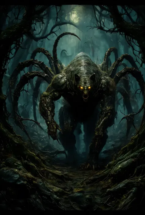 Here’s the prompt for the hybrid creature:
> "A hybrid creature combining a bear and a scorpion set in a dark, eerie forest. The creature has the muscular body and fur of a bear, with a scorpions sharp pincers as its front limbs and a long, venomous sti...