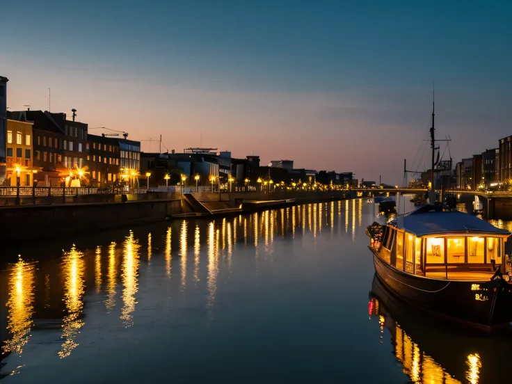 arafed boat traveling down a river in front of a city, a picture by Jakob Gauermann, shutterstock, happening, late summer evening, summer evening, taken at golden hour, evening time, calm feeling, with water and boats, early evening, evening atmosphere, in...