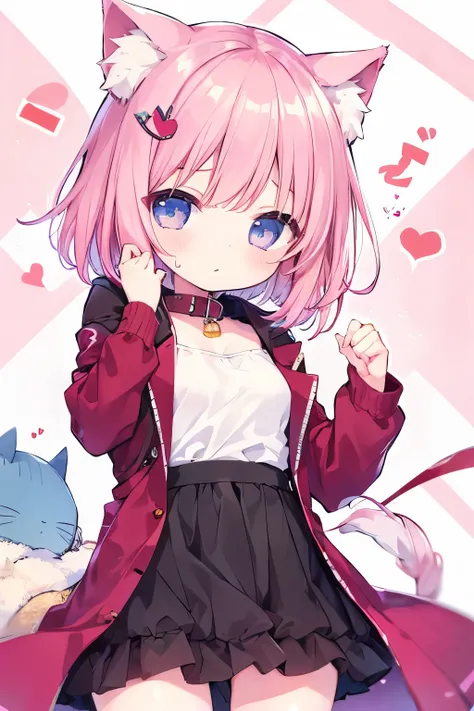    oversized jacket  、 pink hair、- Shortcut hair  、 Wearing a collar 、  elementary school girl、,首輪とリードをつけた  elementary school girl、So beautiful、輝く瞳 、輝く瞳、   1 girl、 small breasts、Cat ears   elementary school girl、So beautiful、輝く瞳 、輝く瞳、1 person、cat ears、((((...