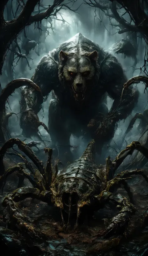 Here’s the prompt in English:
> "A giant bear is battling a massive scorpion in the middle of a dark and eerie forest. The bear stands in a threatening posture, slashing the air with its sharp claws, while the giant scorpion fights back with its large p...