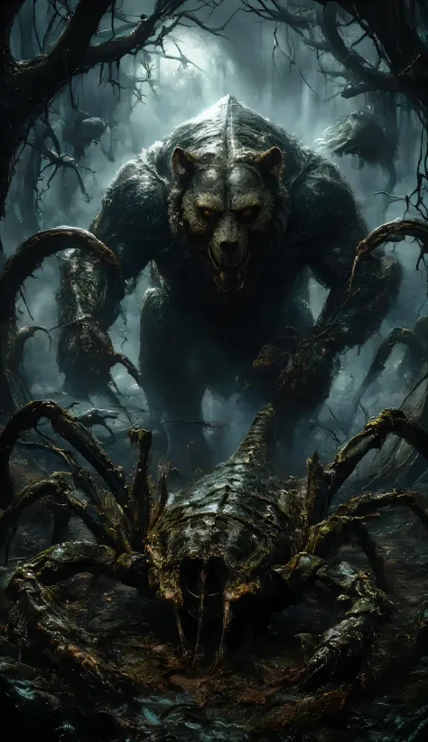 Here’s the prompt in English:
> "A giant bear is battling a massive scorpion in the middle of a dark and eerie forest. The bear stands in a threatening posture, slashing the air with its sharp claws, while the giant scorpion fights back with its large p...