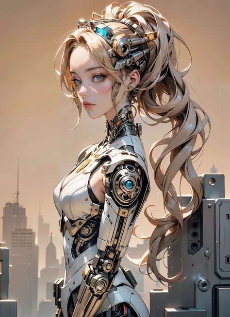 a futuristic, high-tech cyborg woman with intricate metallic patterns and glowing optics, set against a textured backdrop, in a style reminiscent of cubist masters like Picasso and Dali.