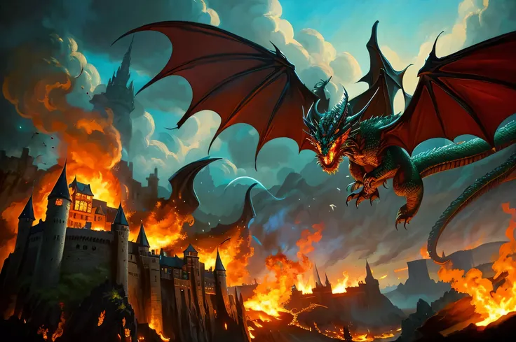 Alaf picture of a picture of a dragon flying over a castle,  dragon oil painting ,  dungeon＆ Dragons Art , Dragon Art, 「Fire-breathing dragon」, 8k highly detailed art, dungeons and dragons art, Epic Fantasy Paintings ,  Cinematic Fantasy Paints , Smaug,  h...