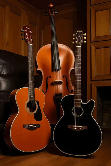 Brown guitar and black guitar together and a cello on the background of the image with wooden details 