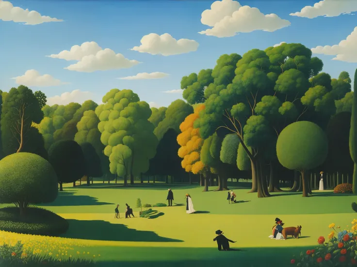 Paintings by Henri Rousseau 　 Blue sky with black love and yellow love playing happily in a beautiful grassy garden