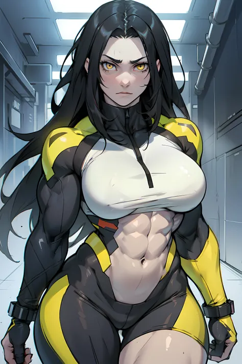 ((((muscular 1girl)))) (((thick toned body breasts))) (pale skin) black hair yellow eyes very long hair expressionless expressionless skintight