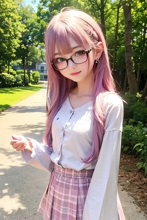 The arrival of autumn、big chest、 (alone:1.5,)Super detailed,明るいcolor, very beautiful detailed anime face and eyes, look straight, ;d, shiny_skin,girl, (((虹colorの髪, colorful hair, Half blue、half pink hair: 1.2))), 、forehead is exposed.、green eyes、、shiny hai...