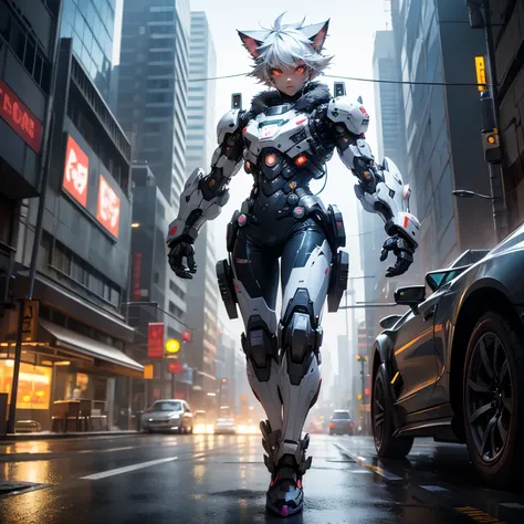 An adorable kitten-style cat with furry ears , Silver hair ,   dressed robotically wearing a type of automated neon armor,  in action pose , Perspective character from the scenario, cyberpunk,  Punk diesel, Biopunk,   against a backdrop of a city with futu...