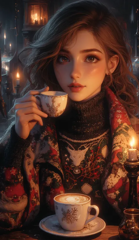 A beautiful woman with beautiful eyes:1.2, detailed eyes, beautiful full lips, highly detailed eyes and faces, long eyelashes, cute expression, smile, sitting:1.4, holding a cup of hot latte, homely background, Christmas sweater, fireplace, warm light, det...