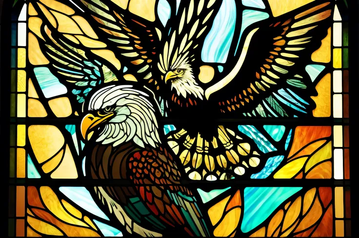 a close up of a  stained glass window with a bald eagle,   Vector Art by Meredith Dillman,  trending on pixabay , Art Nouveau,  stained glass art, ,  fire stain glass  ,  stained glass, masterpiece  stained glass, backlit  stained glass,  stained glass,  s...