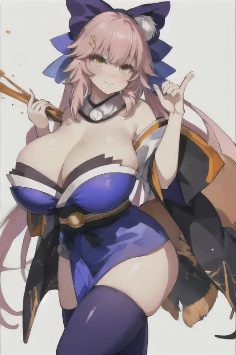 (  Masterpiece  ,  top quality :1.2), alone,  1 girl, Tamamo no Mae,  hair bow,  fox ears, blue kimono, Sleeveless,  blue thigh high socks,  foxtail, Bare shoulders,perfect hand　Elegant,((超huge　huge　huge　Huge chest)) 8k、((( unbelievably big breasts)))、( un...