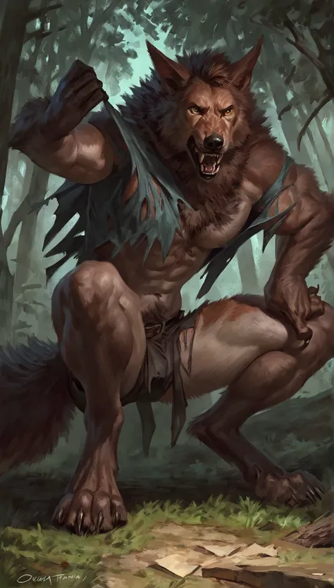 male werewolf, comic style,  illustration, alone,  Abdominals , Pecs,  Concentrated Expression , male body,  masterpiece, The best art,  Full body , digitigrade, by ouna, by the violinist taran, broken, torn shirt, detailed hands, high,  detailed eyes , Bi...