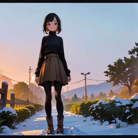 ( High Quality ,  high res, Very detailed, reality:1.37), Peaceful atmosphere, (Outdoor, garden ,snow),  teenage girl standing alone, Beautiful details,  cute smile, (Black Bob), Ribbed sweater,Brown skirt,  black tights ,  brown boots .