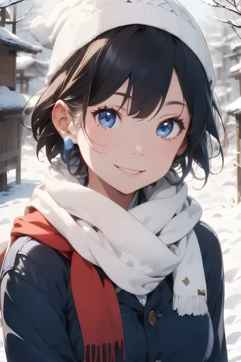 ((Top Quality)), ((Excellent)), (Detailed), ((Japanese)), Ultra-Realistic, Stunning Environment, Vivid Colors, Black Hair, (ish Face), ((Short Hair)), ((Snow Field)), ((Rice Trees)), (Winter Clothing), ((Blue Eyes)), Half-Smile, ((Scarf)), Shiny Hair, Blun...