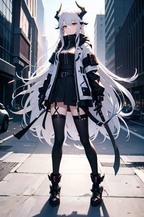 Girl with horns futuristic white hair similar to Mudrock Arknights full body