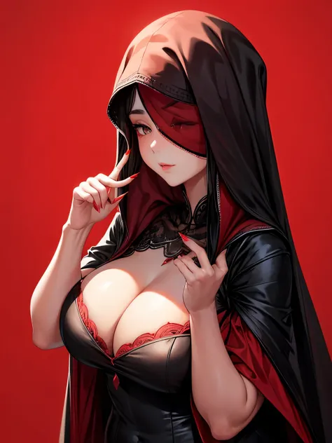 An elegant chubby woman, wearing a red veil covering her eyes, places her fingers on her lips, symbolizing silence. Her nails were long and painted bright red. The background is solid black