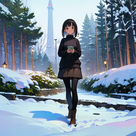 ( High Quality ,  high res, Very detailed, reality:1.37), Peaceful atmosphere, (Outdoor, garden ,snow),  teenage girl standing alone, Beautiful details,  cute smile, (Black Bob), Ribbed sweater,Brown skirt,  black tights ,  brown boots .