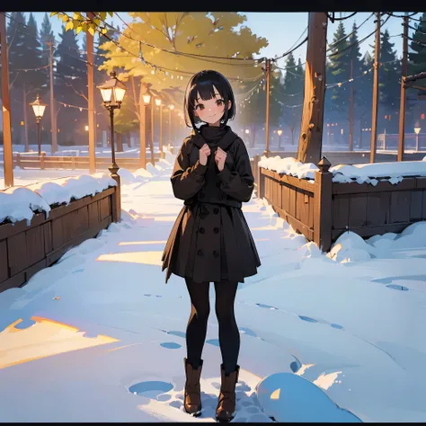 ( High Quality ,  high res, Very detailed, reality:1.37), Peaceful atmosphere, (Outdoor, garden ,snow),  teenage girl standing alone, Beautiful details,  cute smile, (Black Bob), Ribbed sweater,Brown skirt,  black tights ,  brown boots .