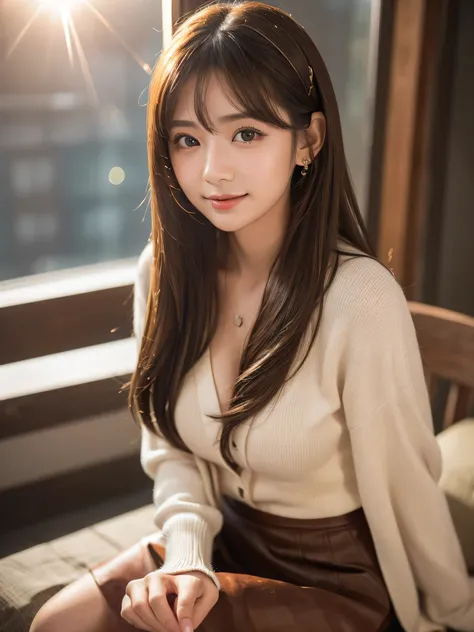 smile、night、 Original photo、((( Ultimate Beautiful Portrait )))、(( Shiny Skin))、 1 girl、Beautiful  girl from Prague、Bright expression、((  brown hair on one woman))、(Breast Cleft)、( flare skirt:1.5)、(( big eyes that shine like jewels ))、 open cardigan、 take...