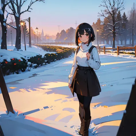 ( High Quality ,  high res, Very detailed, reality:1.37), Peaceful atmosphere, (Outdoor, garden ,snow),  teenage girl standing alone, Beautiful details,  cute smile, (Black Bob), Ribbed sweater,Brown skirt,  black tights ,  brown boots .