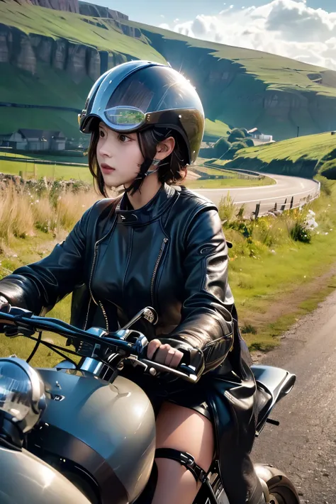 (A young female rider speeds along on a motorcycle)、Vintage Bikes、Bluff Superior SS100、Isle of Man Races、Leather jumper、Cromwell helmet with goggles、After the Rain、English countryside、(Highest quality, masterpiece, High resolution)、8k、wallpaper