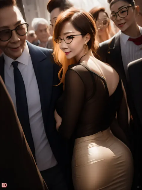 A beautiful woman wearing revealing skirt suit, her elderly husband hugged and kissed her from behind in the crowded crowd, UHD, masterpiece, textured skin, super detail, best quality, 8k.