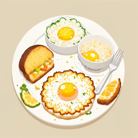 there is a plate with a fried egg and other food items, amazing food illustration, super realistic food picture, cartoonish vector style, by Ryan Yee, a beautiful artwork illustration, by Patrick Ching, by jeonseok lee, by David Diao, flat, by Xia Gui, iso...