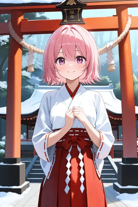 snake、白snake、Asahi、 Rose, small breasts、shrine,Shimenawa、snow、New Year　snake　snake　Tengu　Miko clothes　 pink hair　4K　 short hair　torii　Clean hands　Aori　snakeいっぱいに囲まれて