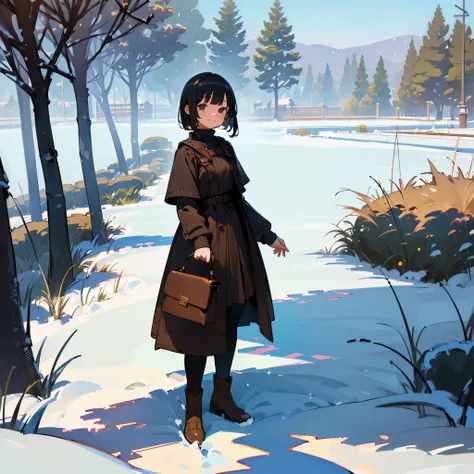 ( High Quality ,  high res, Very detailed, reality:1.37), Peaceful atmosphere, (Outdoor, garden ,snow),  teenage girl standing alone, Beautiful details,  cute smile, (Black Bob), Ribbed sweater,Brown skirt,  black tights ,  brown boots .