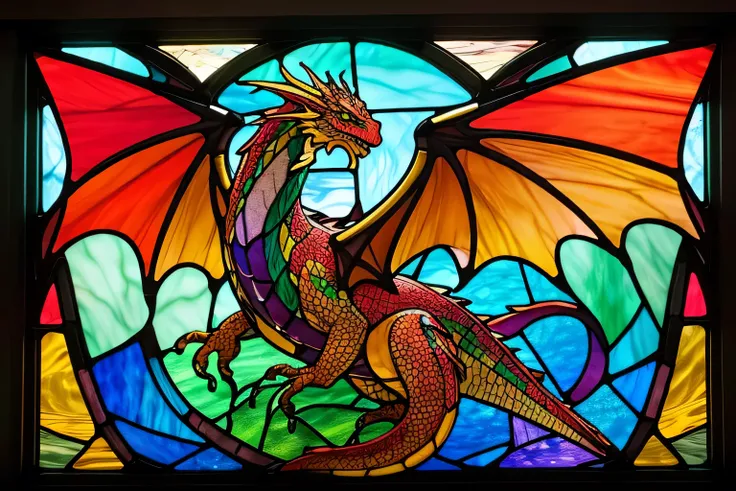 a  stained glass dragon with a colorful background,  stained glass art, intricate  stained glass,  Colorful Detailed Art ,  stained glass,  stained glass!!,  Colorful Glass Art ,  stained glass, Dragon Art,  fire stain glass  , masterpiece  stained glass, ...