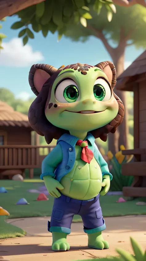 "A hyper-realistic 4K, 3D, Pixar and Disney-style image depicting an adorable baby turtle standing upright. The turtle has bright green eyes and a caring face that conveys friendliness. Its shell is detailed with shades of brown and green, with a natural g...