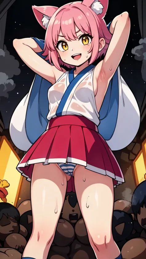 ( perfect body), top quality ,( 8K portrait ),( Official Art)、((Loli)) woman、 One Girl 、(:d:1.5)、Fox Ears(( wet、hot、vapor、sweat、Armpits、 hands behind head))、(( small breasts))、Hands on hips、(( pink hair、 yellow eyes))、(( short hair、 wavy hair ))、( white ki...