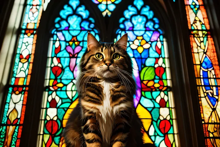 a close up of a cat sitting in front of a  stained glass window,  stained glass art, masterpiece  stained glass, maxim verehin  stained glass,   anthropomorphic large Maine Coon , Cat Details,  stained glass style, on a  stained glass window,  stained glas...