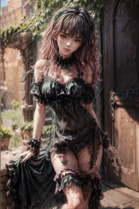 masterpiece, Highly detailed, realistic, Cinematic Lighting, Daylight, beautiful face, beautiful eyes,
 1girl, solo, (16-years-old-magical_girl), (short-pink-wavy-hair and green-eyes:1.5),
 (wearing black-See-through ruffle-and-lace Idol Costumes:1.5) ,(Ro...