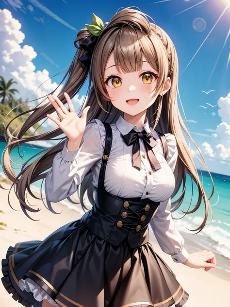 resolution、 top quality 、 super high quality 、 One Girl 、solo、Minami Kotori、 shot from the front 、Standing、smile、( anime illustration style:1.10)、 long hair、Beautiful yellow eyes、 brown hair 、 bright eyes、 brown beautiful hair、 sandy beach_white_Shirt、Goth...