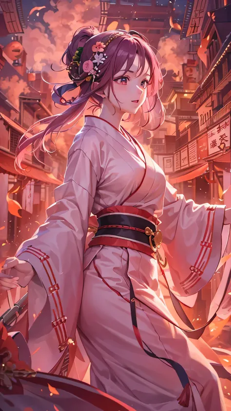 high frequency: 1.8, Rich details, masterpiece, 8k,  A beautiful shrine maiden wearing a pink shirt is standing in front of the flames, Dancing, Fans waving, The fan is burning, Maidens engulfed in flames,   burning ,  