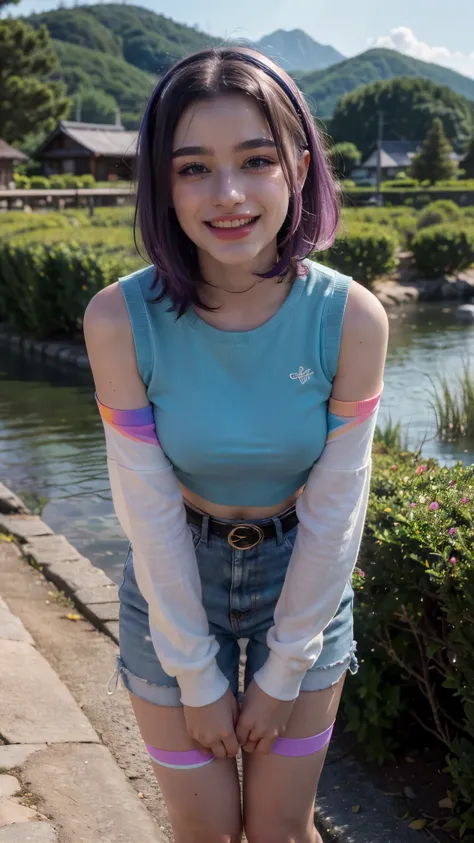1 woman, mature woman, solo, NOT DASHA TARAN, full body standing, perfect body, best quality, 32k, photograph, full body (head to toe), tone mapping, perfectly straight back, ((houjou satoko,short hair,black hairband,rainbow colors mix hair,violet eyes,hai...