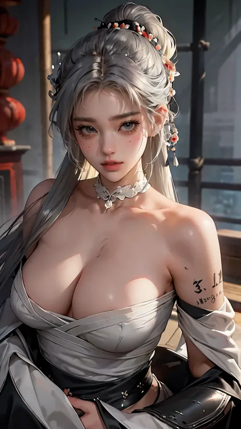 Grey Hair, whole body,Big Breasts, best quality,woman,Alone,(( Masterpiece )), (( best quality)), ( Ultra Detailed ), (( very detailed)), 4K, (8k), best quality, 緑の目をしたwoman, Japanese tattoo sleeve on right arm , Samurai Armor , wear armor , software , Jap...