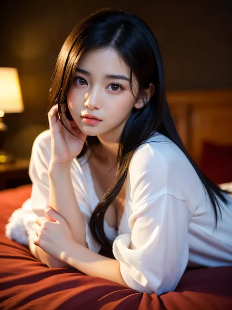 (Best-quality, Masterpiece, Ultra-High-Resolution, (Photorealistic:1.4), Raw Photo, depth of field, professional lighting), 1girl, (((15-years-old))), the most famous Japanese-idol, sitting in bedroom, ((extremely realistic baby-face full of sexual arousal...