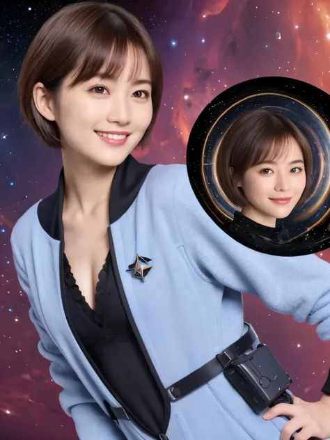 342 (20-year-old woman,  short hair), (  high image quality), (smile), (  SF coolsuit  ), ((  Galaxy and Space Worlds )), (Nebula and Planets  ), (Spaceship), (Chest:1.46)