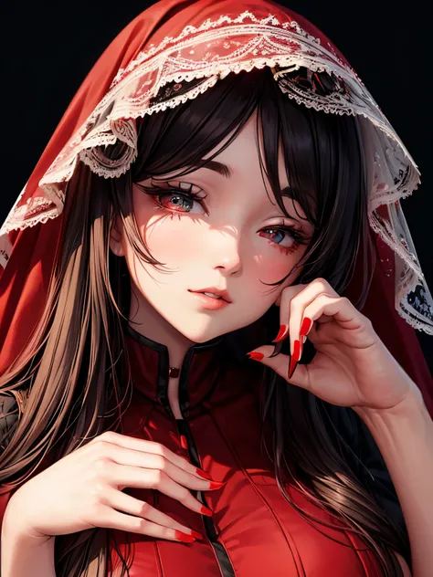 An elegant chubby woman, wearing a red veil covering her eyes, places her fingers on her lips, symbolizing silence. Her nails were long and painted bright red. The background is solid black